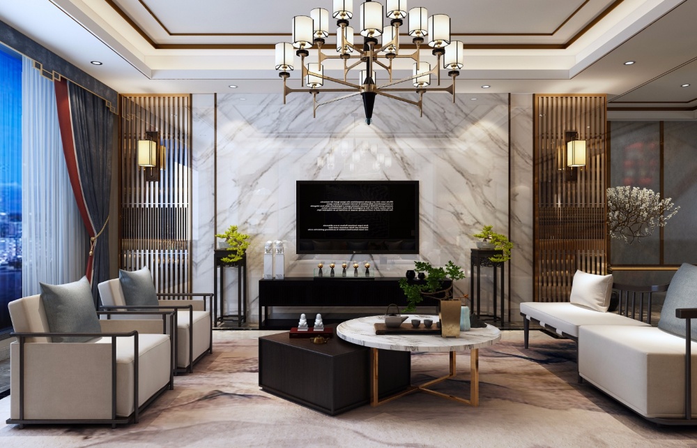 客廳窗簾裝修效果圖藍毓、新中式別墅中式現(xiàn)代客廳設(shè)計圖片賞析