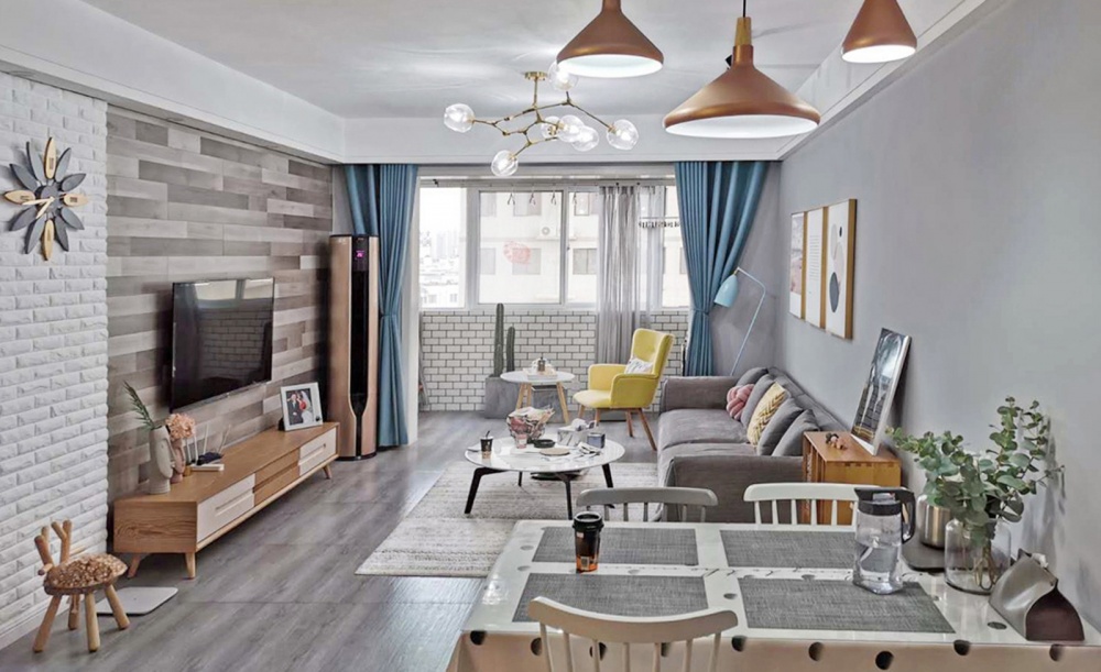 客廳窗簾裝修效果圖83㎡北歐風(fēng)，新婚小兩口的浪漫北歐極簡(jiǎn)客廳設(shè)計(jì)圖片賞析